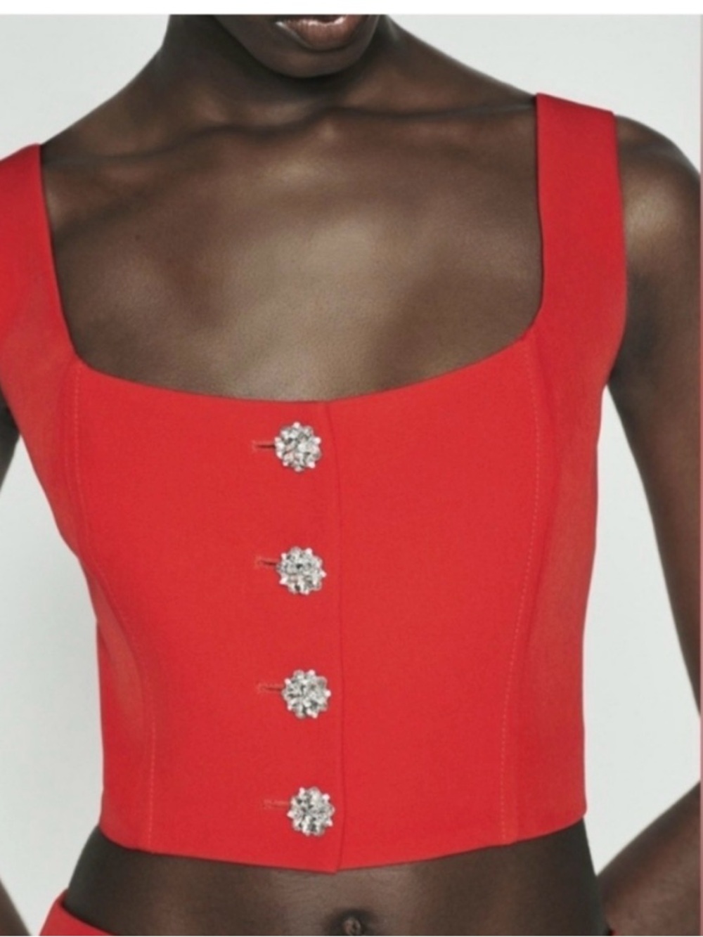 Zara Red Square-Neck Crop Top with Crystal Buttons